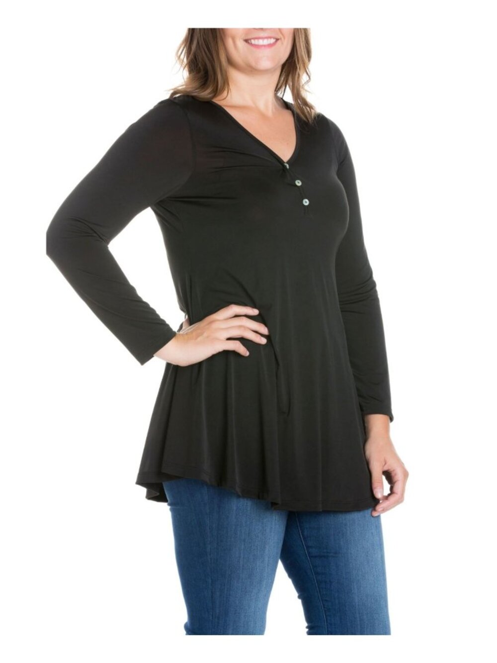 24seven Comfort Apparel Women's Plus Size 2X Flared Henley Tunic Top Black $60